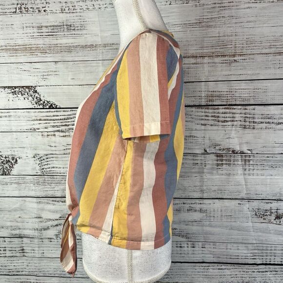 Madewell Blouse Top size XXS Peach Yellow Blue Striped Front Ties Casual Beach - Picture 4 of 6
